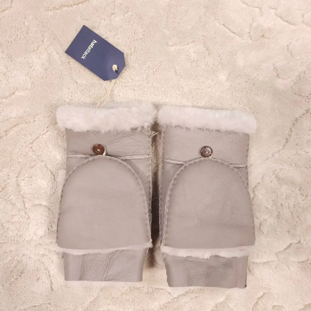 NWT Hat Attack 100% Leather Shearling Pop Top Mitten Gray